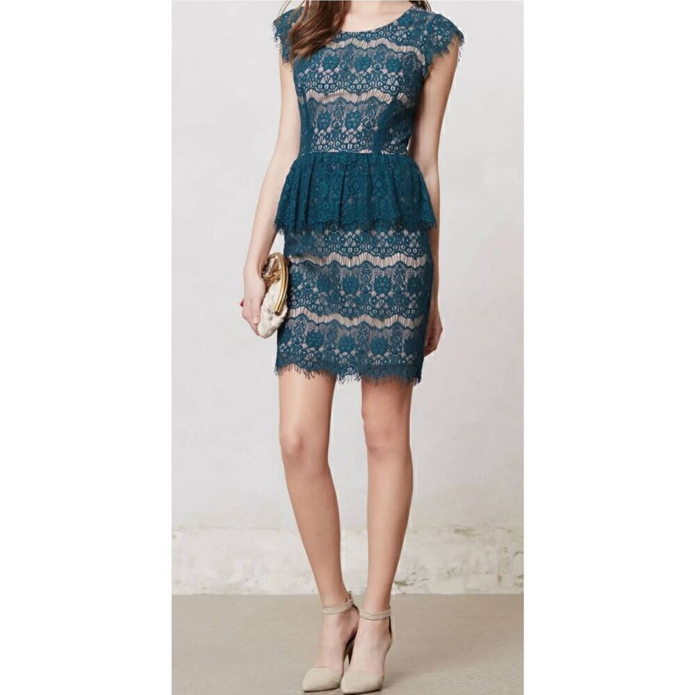 Maeve Lace Sheath Tiered Elsa Peplum Dress Teal Green ANTHROPOLOGIE ,EUC, M - Picture 2 of 9